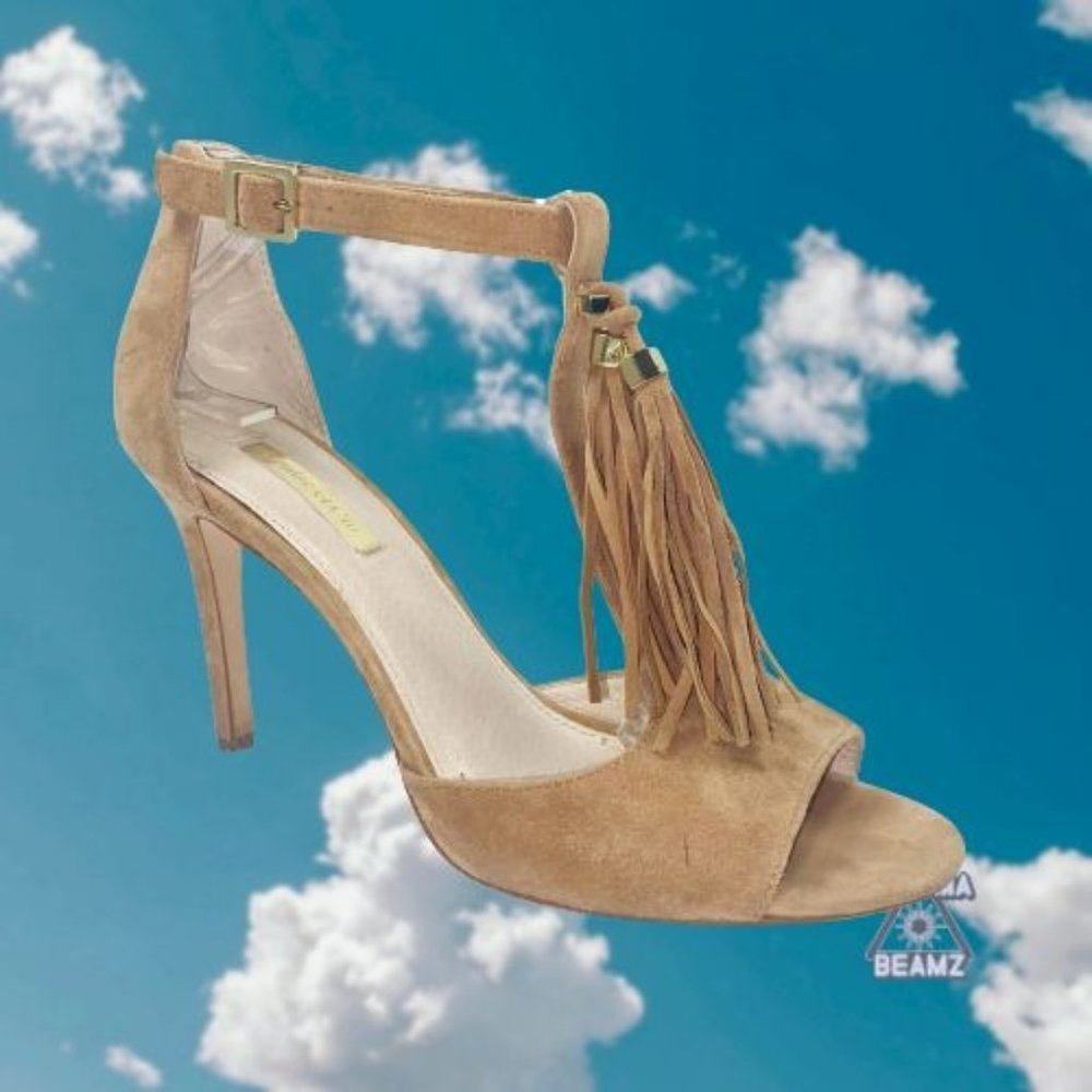 Louise et Cie Tan Suede LO-TAGE Fringe Stiletto Peep Toe Sandals 8.5